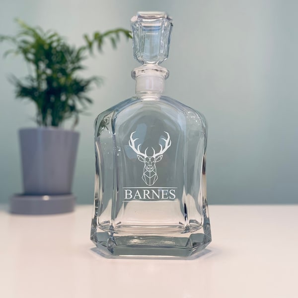 Custom Stag Head Engraved Italian-Crafted Glass Whiskey Decanter, Deer Head Design, Stag Head Design