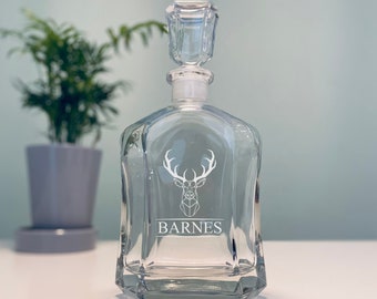 Custom Stag Head Engraved Italian-Crafted Glass Whiskey Decanter, Deer Head Design, Stag Head Design