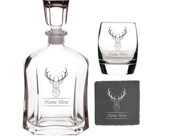 Custom Stag Head Engraved Whiskey Decanter Tumbler & Coaster Set | Engraved Italian-Crafted Glass Decanter  | Stag Buck Deer Head Design