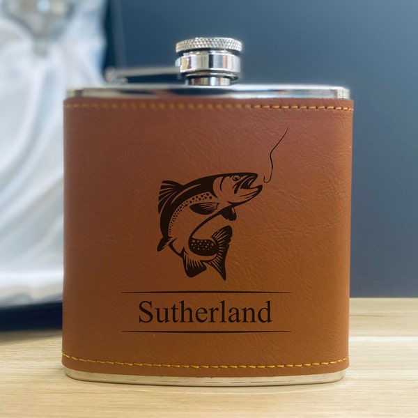 Engraved Tan Leather Hip flask 6oz Personalised Whisky Flask Gift With Fishing Design