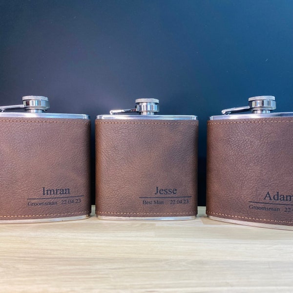 Engraved Leather Hip Flask Groomsman Gift Pocket Flask Whisky Groom Gift Personalised Whiskey Flask Bulk Groomsman Gift Brown Leather