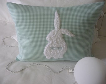 Cushion with rabbit appliqué made of Vichy check, rabbit made of cozy terry cloth and embroidered name in mint/white...pink/white...gray/white...