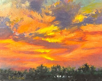 Original Oil Sunset Painting, Skyscape Painting, Small Wall Art Decor