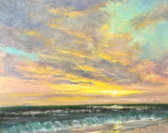 Original Seascape Sunset, Coastal Wall Decor, Ocean Setting Sun