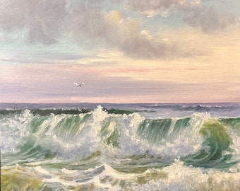 All By Myself, Ocean Sunset Coastal Wall Decor, Original Oil Seascape Painting