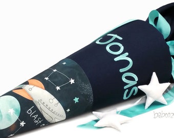 School cone with name, boy, galaxy, fabric, dark blue with stars and rocket