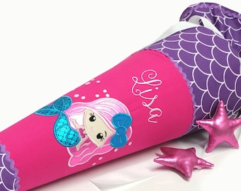 School cone mermaid, including name, pink-purple, sugar cone for girls