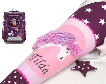 School bag unicorn unicorn with name, bordeaux with stars, matching step by step, sugar bag for girls