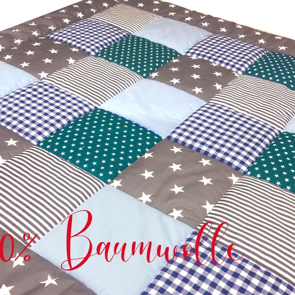 Krabbeldecke 120x120 petrol-grau, Patchwork, Babydecke XXL, dick, Junge