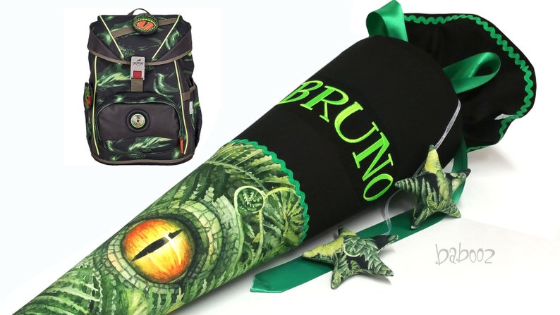 School cone with name, Dino eye, matching the school bag DER DIE DAS Basilisk, for boys image 1