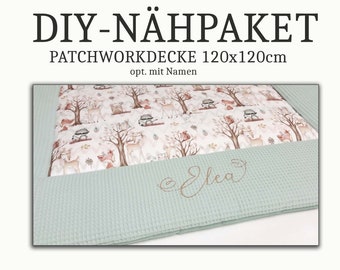 DIY - SEWING PACKAGE - Crawling blanket forest animals - waffle pique dusty mint, opt. with name, baby blanket 120 x 120 cm