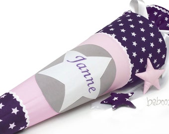 School bag with name, purple with stars, sugar bag made of fabric, for girls