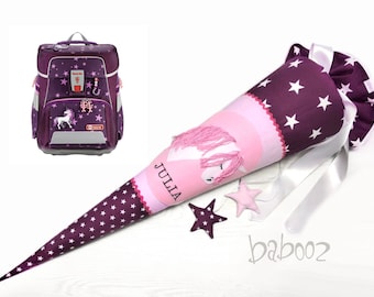 School cone unicorn with name, burgundy with stars, candy cone for girls