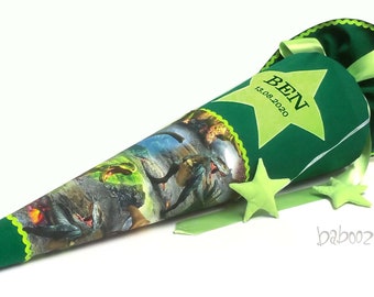 School cone Dino Dinosaur - dark green, with name, boys made of fabric