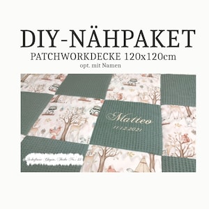 Könnte beinhalten: DIY-Patchwork-Decken-Set mit Waldtier-Druck und grünem Waffelpiqué-Stoff. Das Set enthält Anleitungen zum Nähen einer 120x120 cm großen Decke. Das Set kann mit einem Namen und Datum personalisiert werden.