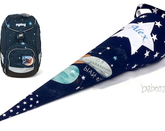 School cone with name, boy, galaxy, fabric, dark blue with stars