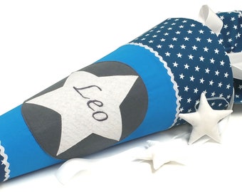 School cone including name, denim blue with stars : turquoise