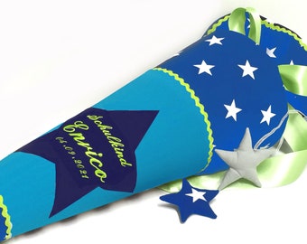 School cone with name, royal blue with stars - turquoise - green