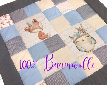 Crawling blanket 120x120 patchwork, forest animals fox and owl, play blanket XXL, muslin gray