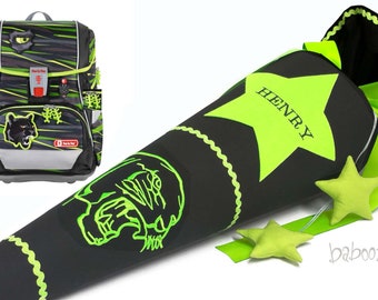 School bag Panther, with name, made of fabric black - neon green, for boys, suitable for Step by Step Wild Cat