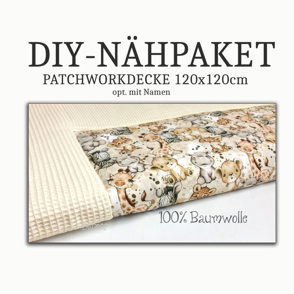 DIY-NÄHPAKET - Krabbeldecke Babydecke Baby Tiere Afrika Waffelpique, opt. mit Namen, 120x120cm