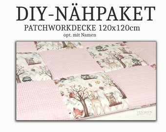 DIY sewing package crawling blanket waffle patchwork, waffle piqué forest animals - pink, opt. with name, 120 x 120 cm