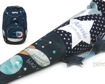School bag with name, boy, galaxy, fabric, dark blue with small stars