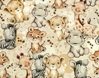 21,60EUR/m Kinder Stoff French Terry, Tiere Afrikas Babytiere - Gepard, Löwe, Giraffe, Nilpferd, Zebra, ab 0,5m