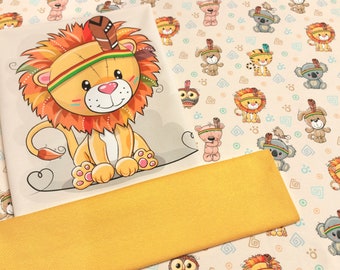 Fabric package for children - lion - 0.5 m French Terry + panel lion + 0.25 m cuffs ochre