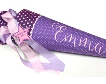 Schultüte lila mit Sternen-rosa, für Mädchen, inkl. Namen