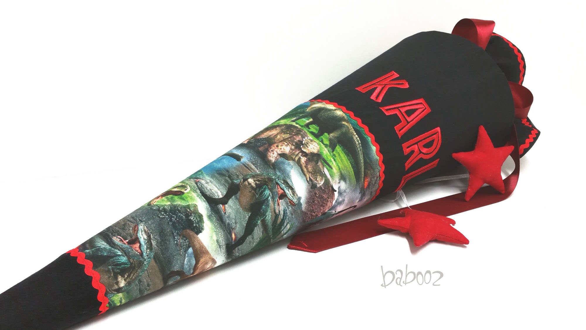 School cone Dino Dinosaur T-Rex - black, with name in JURASSIC PARK font, boys, made of fabric