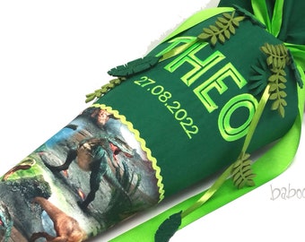 School cone Dino dinosaur green, including name, boys, fabric, matching satchel Scout Green Rex, with JURASSIC PARK lettering, optionally with leaves