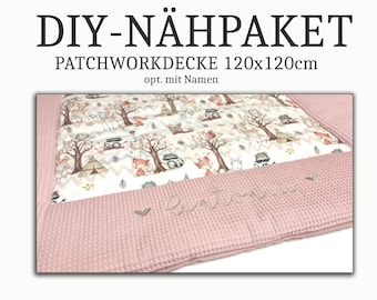 DIY SEWING PACKAGE - playmat opt. with name, baby blanket forest animals forest friends waffle lpique dusty pink, 120 x 120 cm