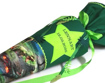 School cone Dino Dinosaur - dark green, with name, boys made of fabric