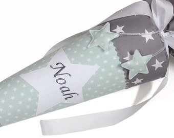 School bag with name, fabric stars gray - mint, for boys
