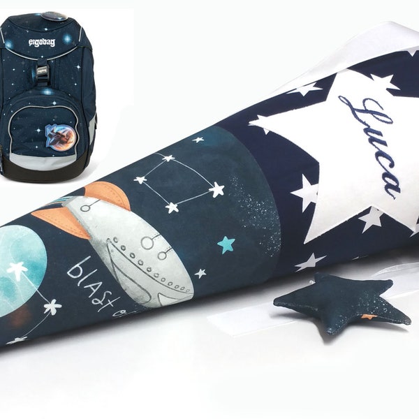 School bag with name, boy, galaxy, fabric, dark blue with stars, matching the Ergobag KoBärnikus school bag