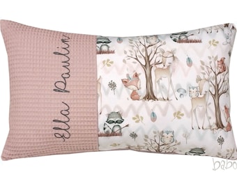 Cushion forest animals - waffle pique dusty pink, personalized with name, 30 x 50 cm