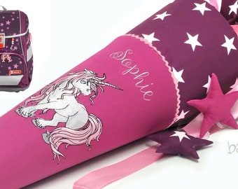 Cartable licorne pour filles, nom inclus, en tissu bordeaux avec étoiles - magenta, adapté pour Step by Step Unicorn Nuala