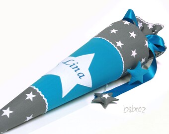 School bag with names for boys, grey with stars : turquoise, made of fabric