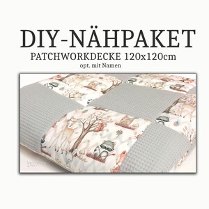 DIY SEWING KIT Patchwork waffle waffle piqué, forest animals / forest friends, gray, 120 x 120 cm image 1