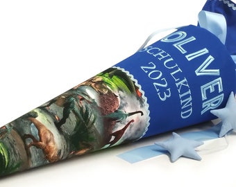 School cone Dino Dinosaur - royal blue, with name, boys made of fabric, with JURASSIC PARK writing