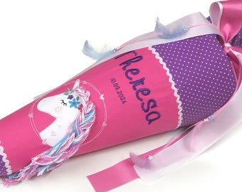 School cone unicorn boho, with name, candy cone girl, purple-pink-turquoise
