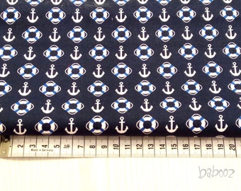 11,00EUR/m Stoff Meterware maritim weiße Anker - weiß-blaue Rettungsringe Baumwollstoff