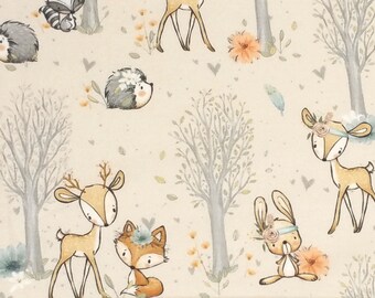 19.00 EUR/meter fabric jersey, forest friends - adventures in the forest, fox, rabbit, deer, hedgehog, raccoon, from 0.5 m, fabric for children,