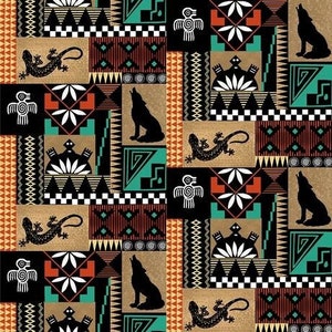Könnte beinhalten: Ein nahtloses Muster mit einem sich wiederholenden Design aus schwarzen und weißen stilisierten Tieren, geometrischen Formen und traditionellen indianischen Symbolen. Der Hintergrund ist eine Mischung aus Braun, Schwarz, Weiß, Rot und Türkis.