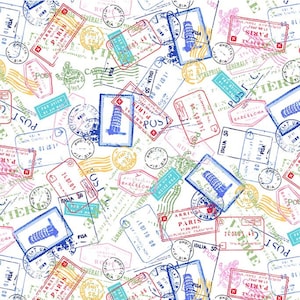 Könnte beinhalten: Ein weißer Hintergrund mit einem sich wiederholenden Muster aus bunten Briefmarken. Die Briefmarken zeigen verschiedene Städte, darunter Paris, Pisa und Barcelona. Die Briefmarken sind in verschiedenen Farben, darunter Rot, Blau, Grün und Gelb. Die Briefmarken sind in einem zufälligen Muster angeordnet.