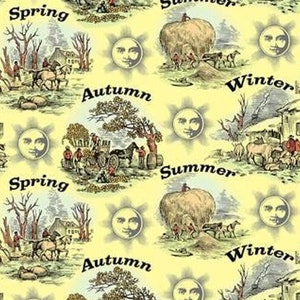 Könnte beinhalten: Ein gelber Hintergrund mit einem sich wiederholenden Muster der vier Jahreszeiten: Frühling, Sommer, Herbst und Winter. Jede Jahreszeit wird mit einer Sonne, einer Szene von Menschen, die auf den Feldern arbeiten, und dem Namen der Jahreszeit in schwarzem Text dargestellt.