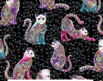 19,00Euro/m Baumwollstoff Cat-i-tude metallic - black-multi artist-o-cats - Stoff mit Katzen