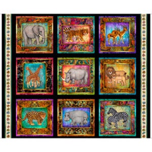 Könnte beinhalten: Ein schwarzer Stoff mit neun bunten, gerahmten Quadraten, die jeweils ein anderes Tier aus Afrika zeigen, darunter ein Elefant, ein Tiger, ein Kamel, eine Giraffe, ein Nashorn, ein Löwe, ein Leopard, ein Flusspferd und ein Zebra.