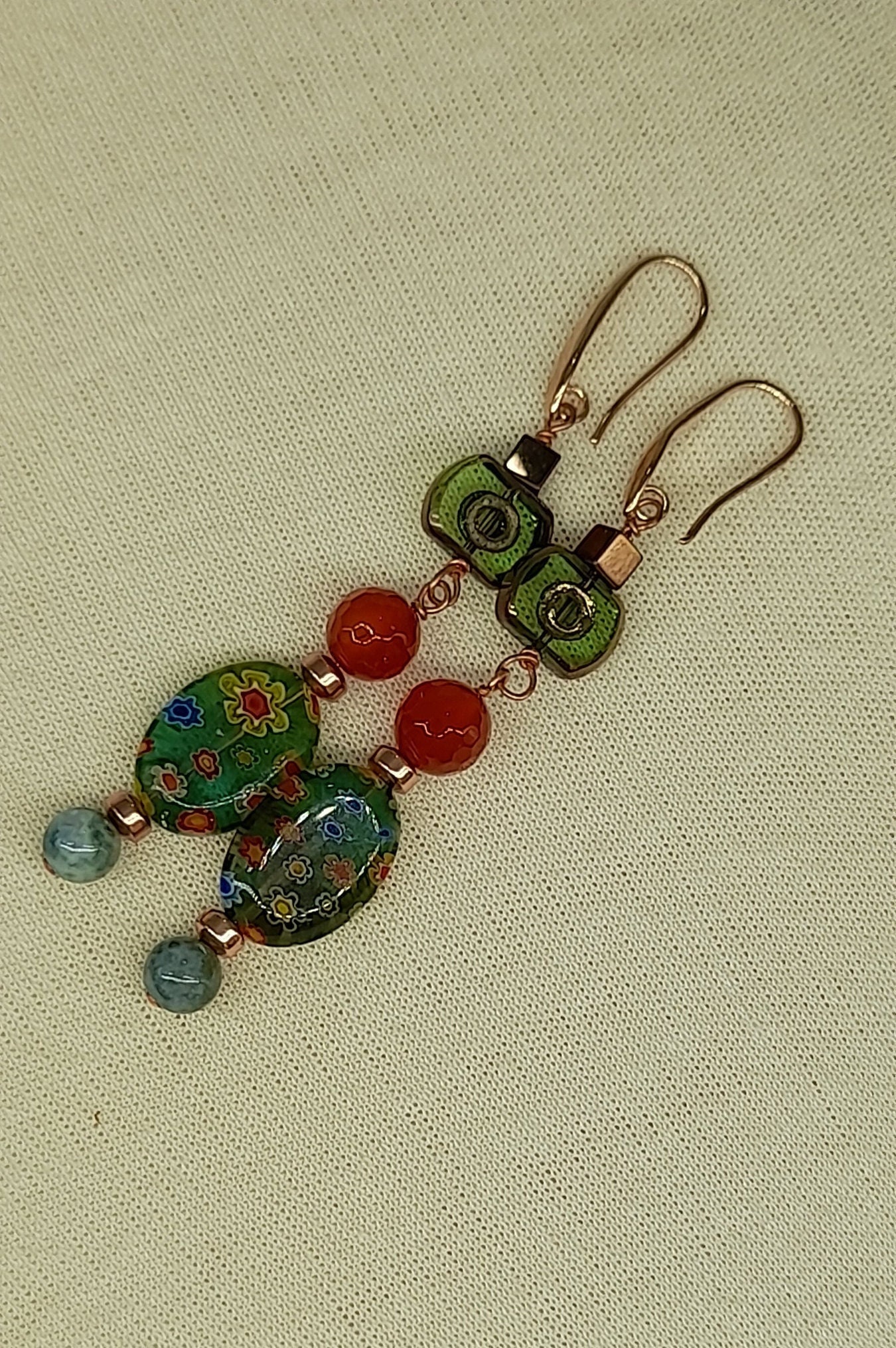 Long Dangle Brass Earrings, Millefiori Lamp Work Beads, Red Agate,  Hematite, Green African Turquoise, Bronze Plated Glass 